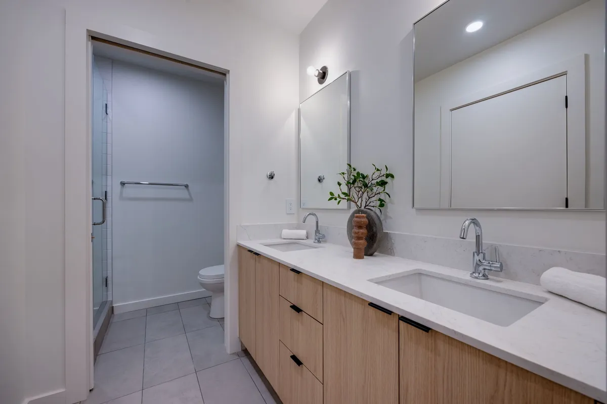 A spa-inspired bathroom with a sleek vanity, double mirrors, a modern shower enclosure, and a lush plant arrangement. The scene feels fresh and rejuvenating, ideal for self-care routines.