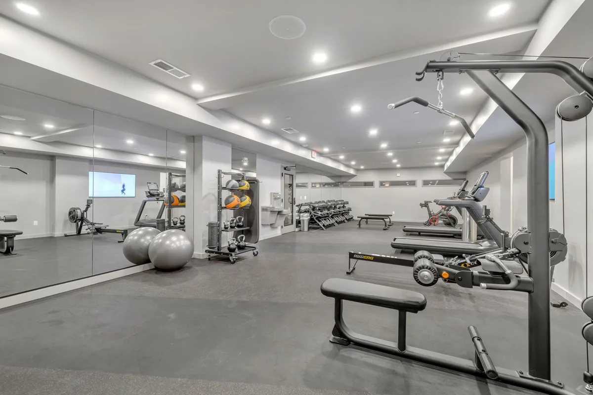 A state-of-the-art gym interior featuring exercise equipment like treadmills, weight machines, mirrors, and exercise balls. The motivational energy of the space encourages fitness routines and personal achievement.