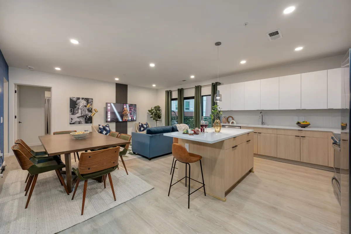 This image displays an open-concept living/dining/kitchen space, featuring a dining table, a comfortable sofa, a kitchen island, and a television. The modern and cozy decor invites guests to gather, dine, and relax in the same unified area.